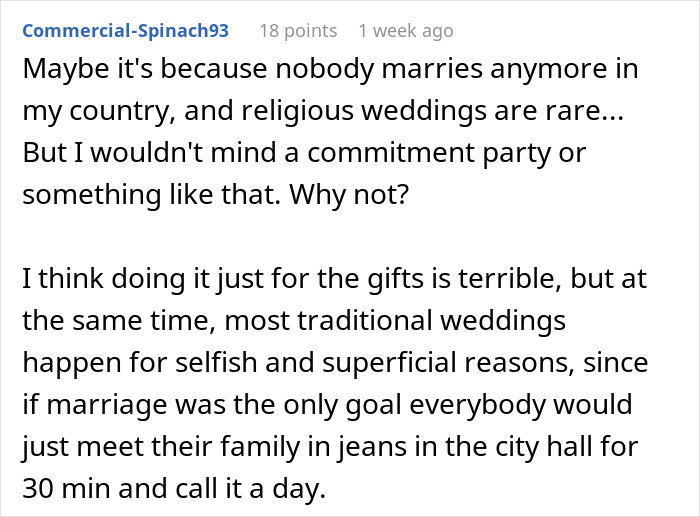 Text screenshot discussing fake weddings and commitment parties in modern society.