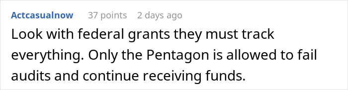 Text in comment about federal grants and audits, highlighting the Pentagon's audit situation.