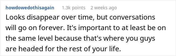 Reddit comment discussing the importance of being on the same level in relationships over time.