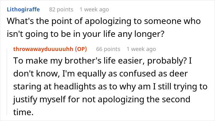 Text exchange discussing the reasons for apologizing to someone no longer in one’s life, mentioning brother's life.