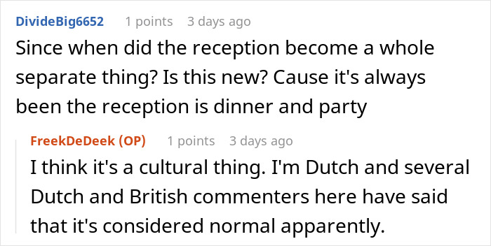 Comments discussing wedding reception and cultural differences about dinner inclusion.