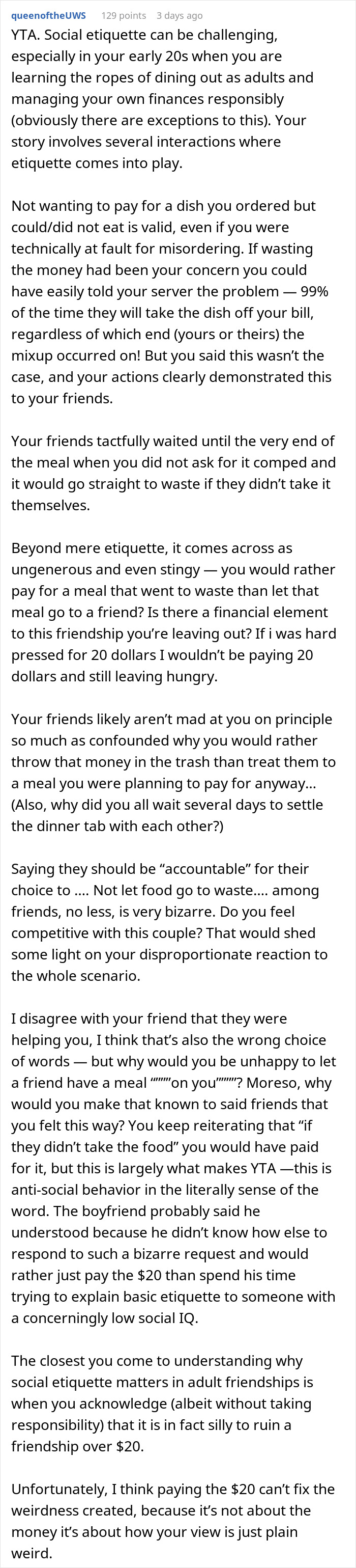 Text from Reddit user about social etiquette and paying for meals among friends.