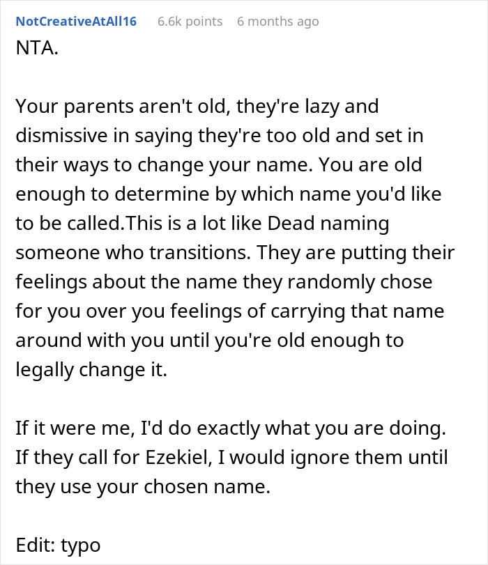 Reddit comment discussing parents choosing a random Bible name and refusing to change it.