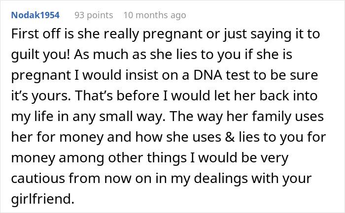 Reddit comment discussing doubts about girlfriend's pregnancy and financial priorities.