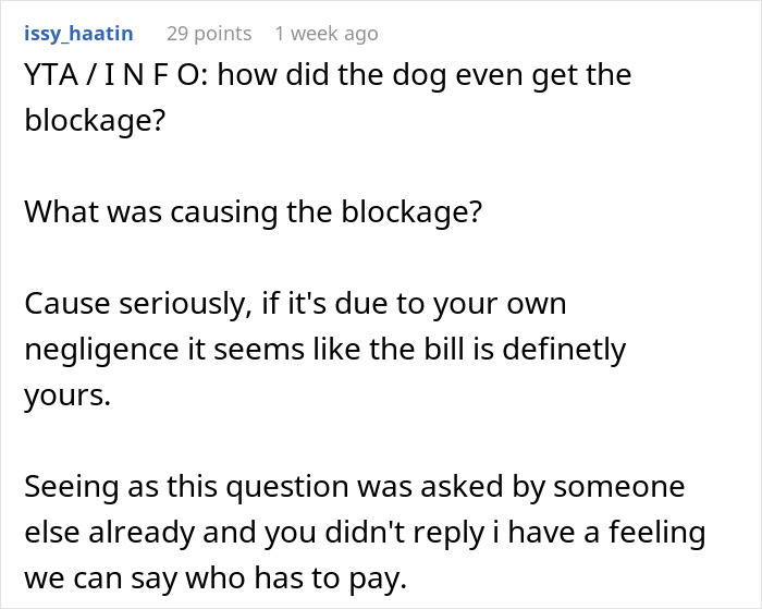 Text post discussing dog's vet visit after blockage while pet sitting.