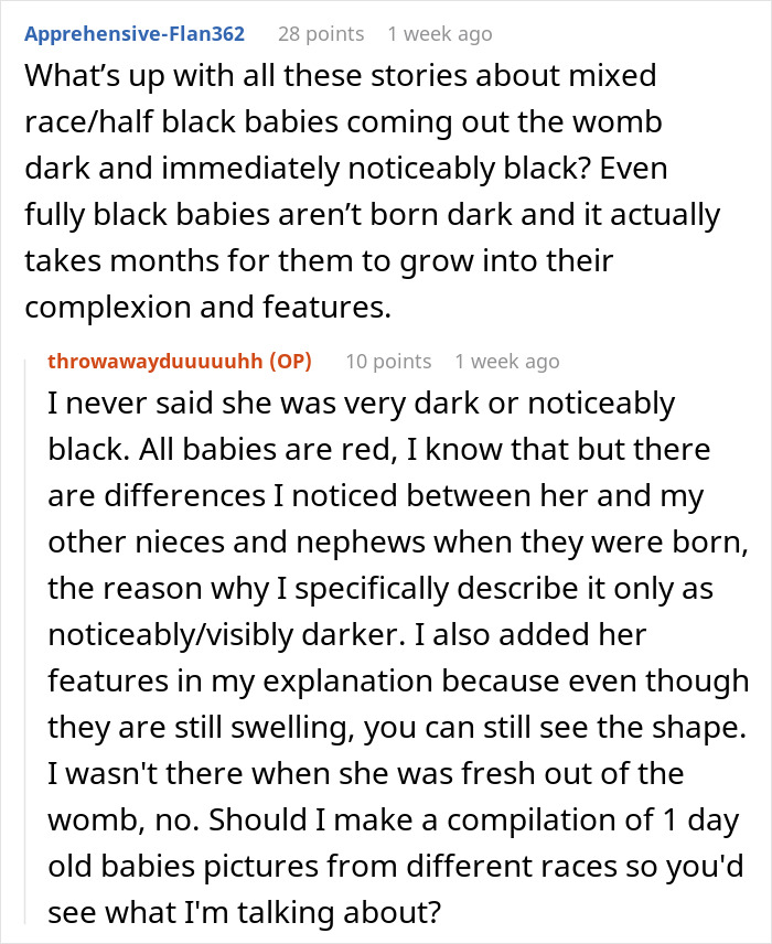 Comments about baby appearance and race causing laughter and confusion.