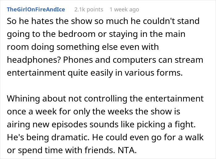 Text comment discussing husband's reaction to wife watching 'RuPaul's Drag Race' in the living room weekly, suggesting alternatives.