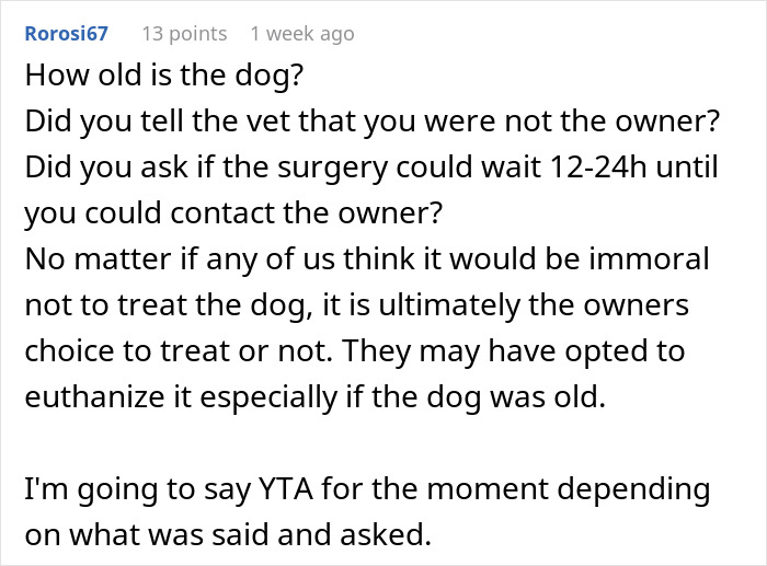 Text discussing a dog's vet visit while pet sitting, questioning owner's consent and decision-making.