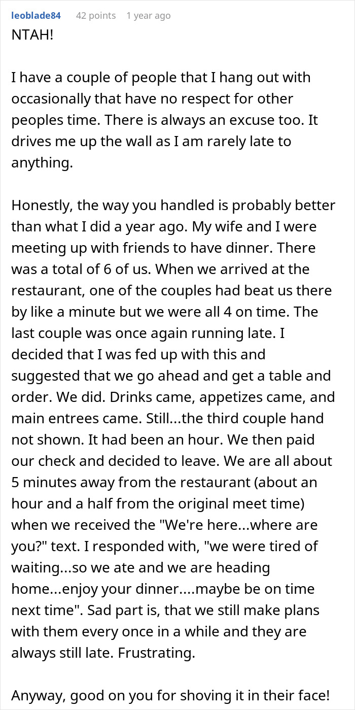 Text exchange about a woman being late and upset at a friend for eating without her, highlighting respect for people's time.