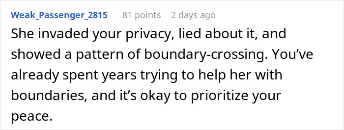 Comment criticizing a woman's boundary-crossing behavior, emphasizing the need for privacy and prioritizing personal peace.