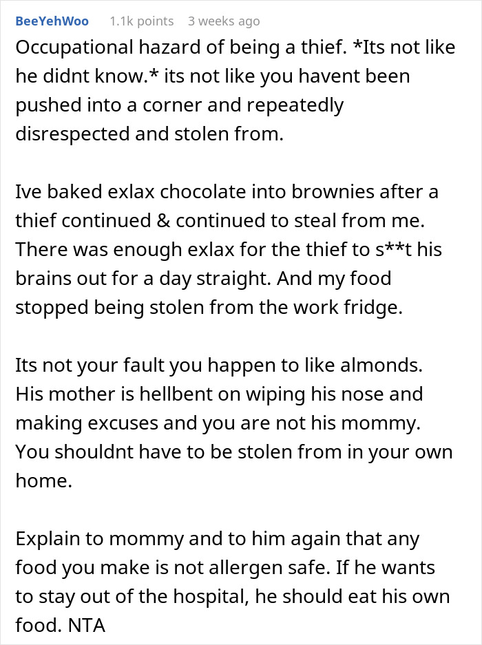 Reddit post discussing a woman dealing with a roommate eating her food using his food allergies for revenge.