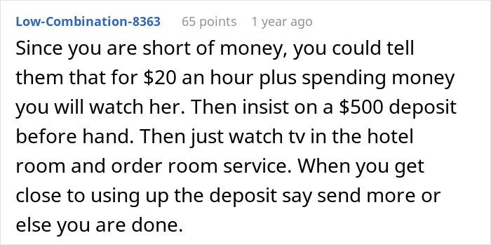 Comment suggesting a woman charge parents for babysitting service.