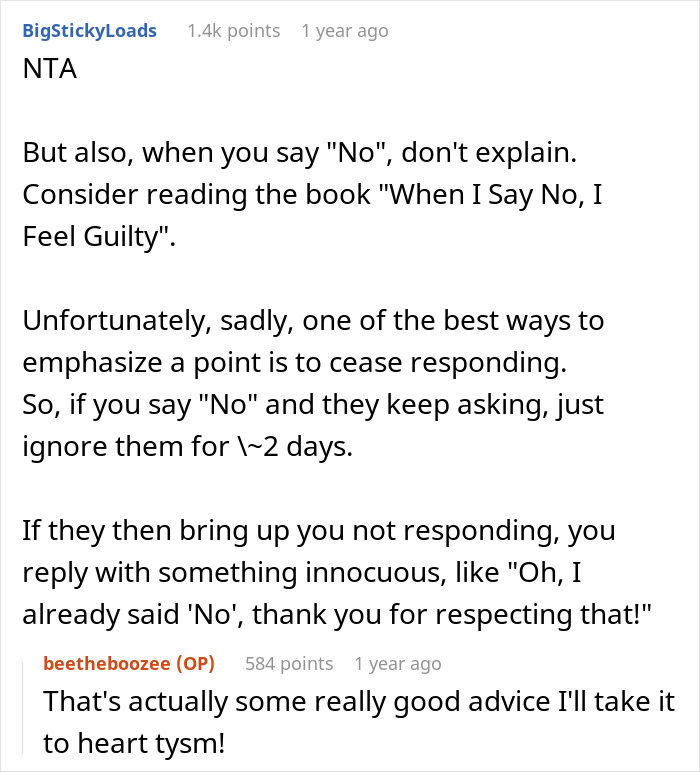 Reddit comments discussing a woman's refusal to babysit for parents, offering advice on maintaining boundaries.