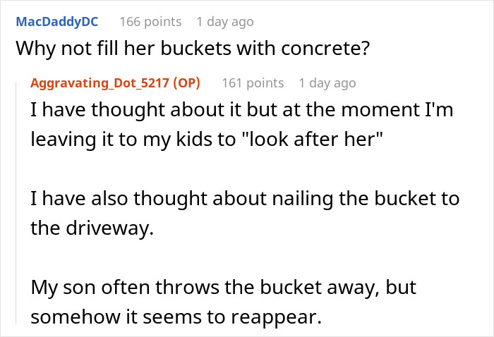 Reddit comments discussing parking issues related to HOA chair’s wife and a bucket dilemma.