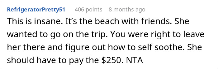 Comment supports parent for not picking up anxious daughter from trip, suggests she should pay $250 for Uber home.