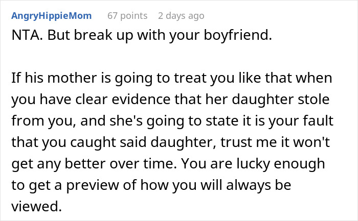 Screenshot of a comment advising a woman to break up with her boyfriend after getting evidence of his sister stealing.