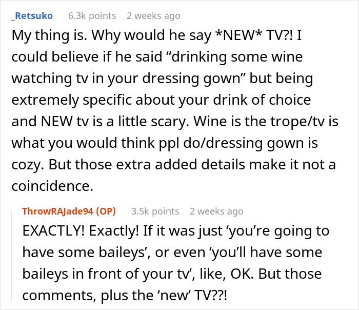 Reddit comments discussing a student's creepy remark and reactions, mentioning details like a new TV and wine.