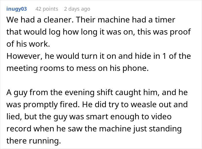 Text describing a cleaner's machine misuse and resulting termination for working more than supposed to.