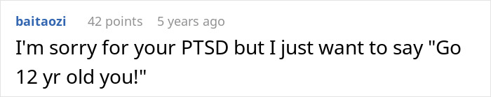 Comment screenshot discussing PTSD and supporting a 12-year-old.