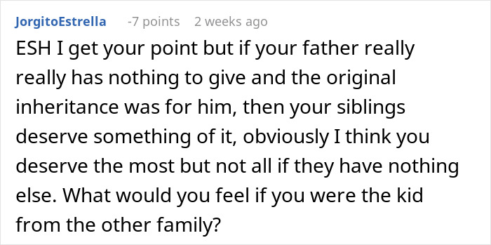 Comment discussing inheritance and fairness related to a deadbeat father's actions.