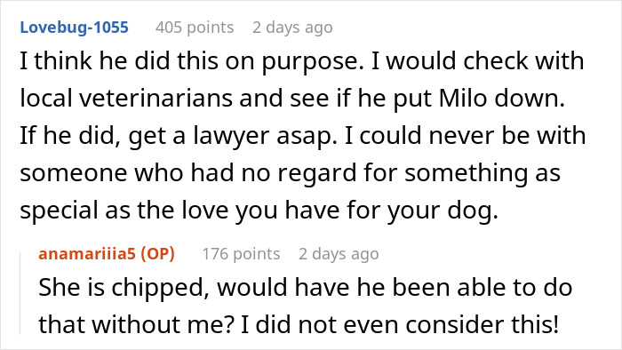 A Reddit discussion about a lost dog and relationship concerns.