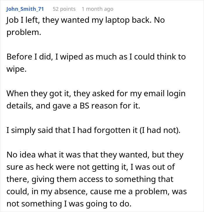 Text exchange about entitled boss's attempt to access ex-employee's login details after job departure.