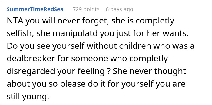 Reddit comment about a wife's secret affecting her husband's feelings, describing her as selfish and manipulative.