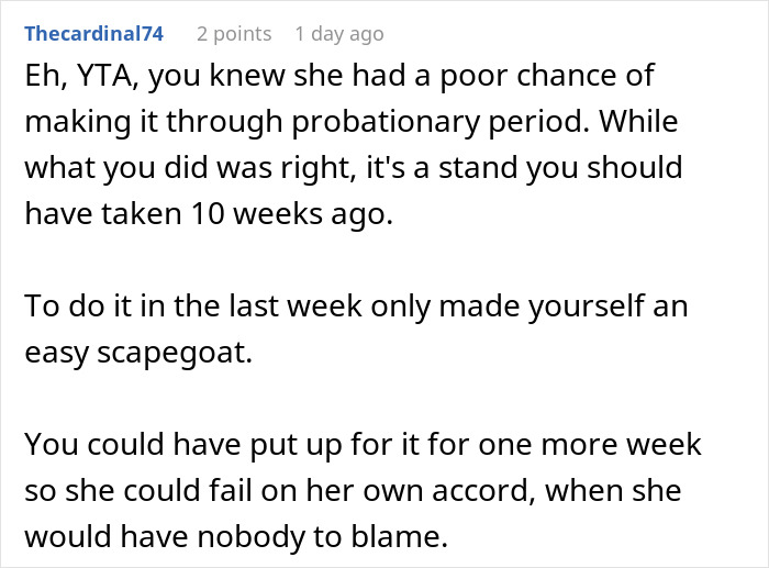 Comment thread discussing blame for failing probation due to lateness.