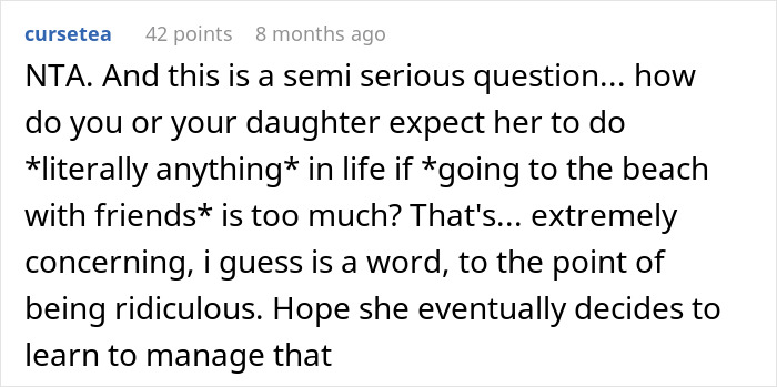 Comment discussing an anxious daughter's difficulty with road trips and managing anxiety.