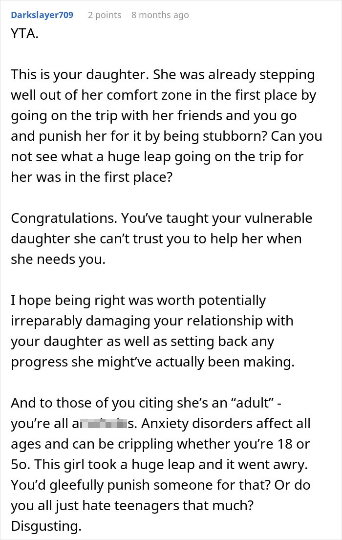 Reddit comment criticizing a parent for refusing to pick up their anxious daughter from a road trip.