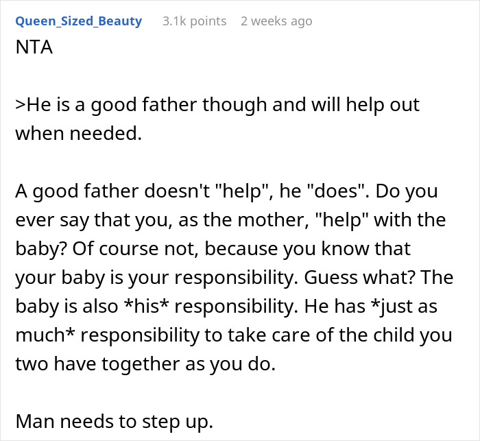 Text commenting on husband not taking equal responsibility for infant care.