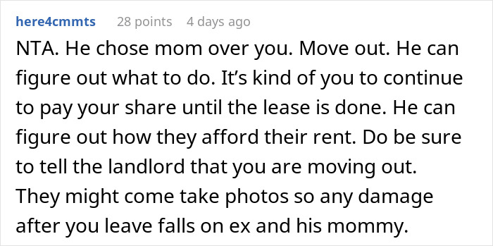 Comment advising woman to leave her apartment due to difficult mother-in-law situation.