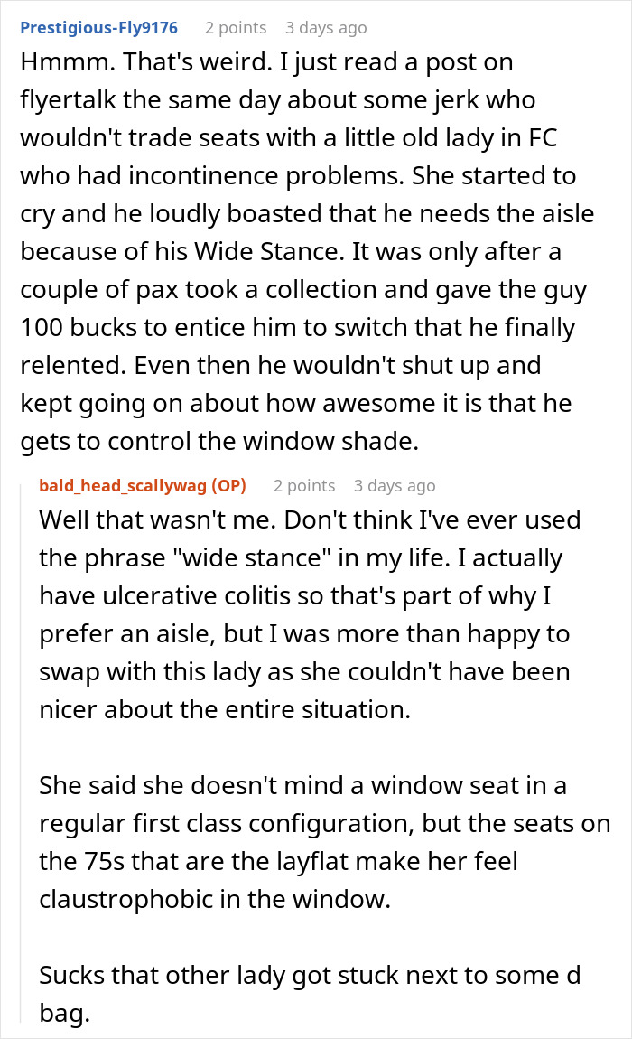 Reddit users discuss incident of an elderly woman offering $100 to switch seats.