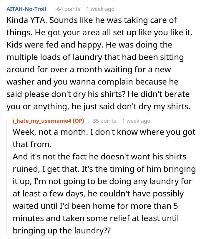 Screenshot of a Reddit exchange about a wife's frustration over her husband's comment on laundry right after she returned home from surgery.