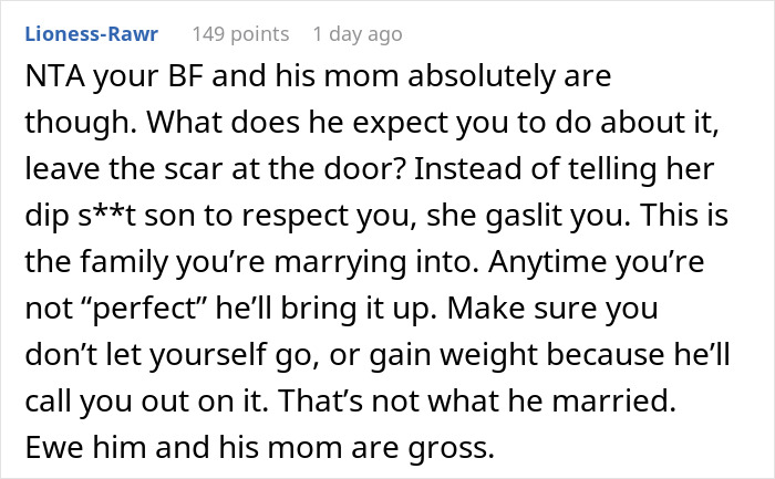 Reddit comment discussing a groom's remark about fiancée's scar, sparking a conversation on relationship expectations.