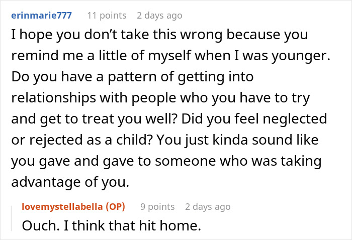 Reddit comment discussing personal relationships, with one user responding thoughtfully to another.