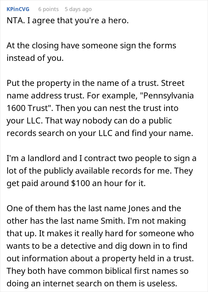 Reddit comment discussing property trusts and LLCs, focusing on confidentiality in property ownership.