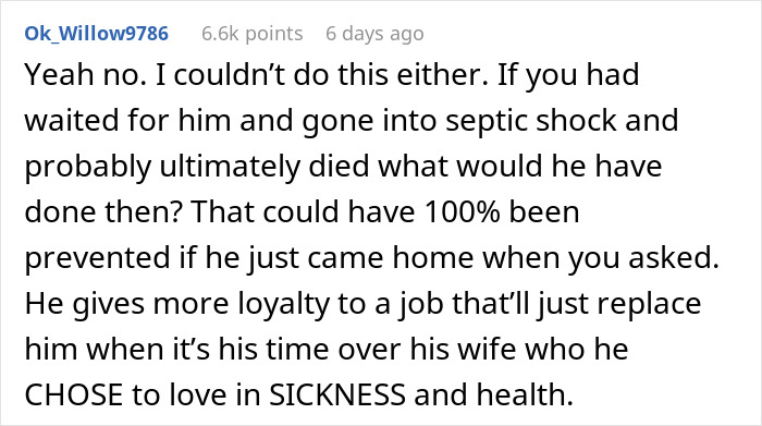 Comment discussing a husband prioritizing work over responding to wife's emergency call.