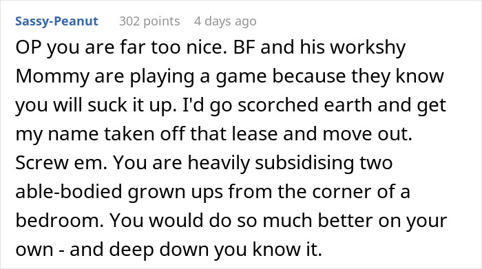 Comment discussing relationship issues and advising the woman to move out due to a difficult mother-in-law.