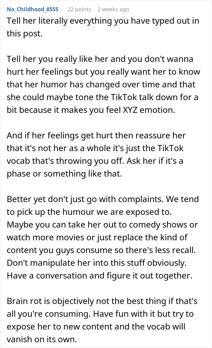 Text comment about concerns over girlfriend's "brain rot" speak and suggestions for a healthier relationship.