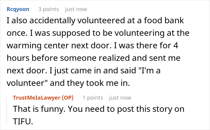 Food bank volunteer mistakenly helps, laughs with story shared on social media.