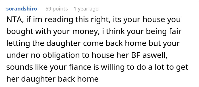 Reddit comment on stepdad's refusal to house daughter's boyfriend, with advice on home obligations.