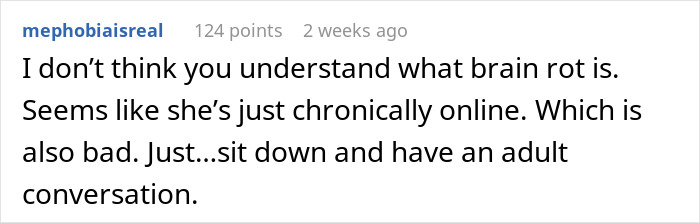 Comment on "brain rot" phrase, mentioning being chronically online and suggesting an adult conversation.