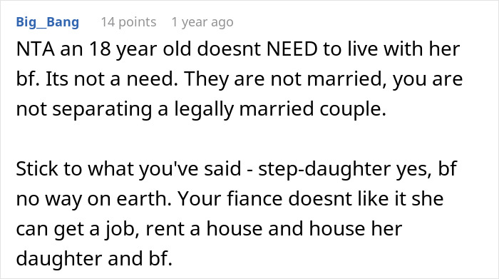 Reddit comment discussing an 18-year-old moving out to live with a boyfriend, advice given by user Big_Bang.