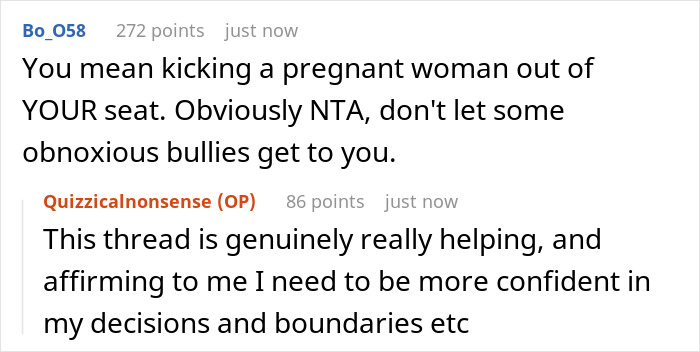 Reddit comments about a man insisting a stranger give up a prepaid train seat for his pregnant wife.