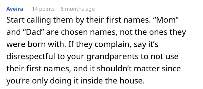 Comment discusses using parents' first names instead of "Mom" and "Dad," emphasizing names as choices.