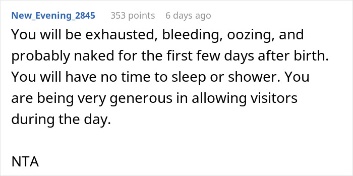 Comment discussing why a mother-in-law shouldn't sleep over after birth, highlighting exhaustion and recovery needs.