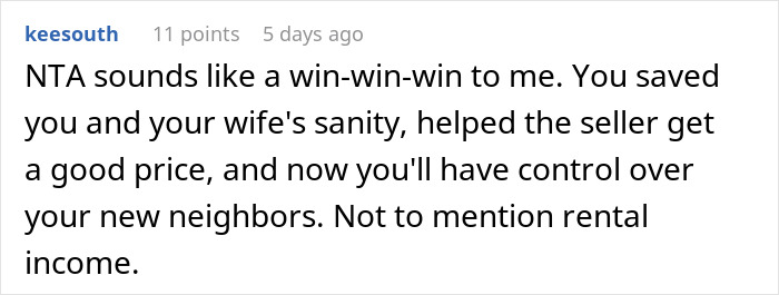 Comment expressing approval of partner outbidding in-laws for peace and rental benefit.