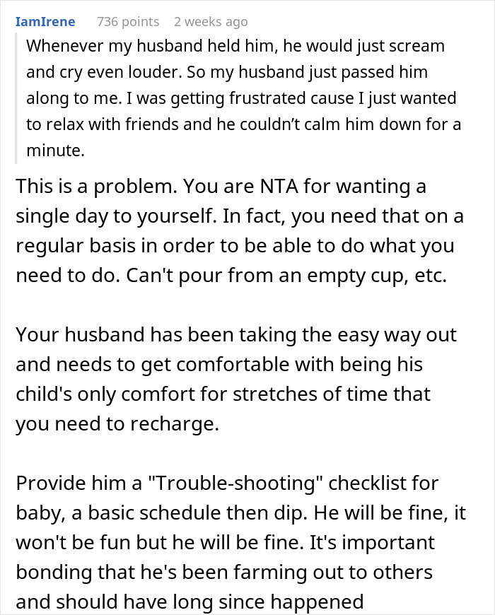 Reddit comment discussing a wife refusing to coddle husband over caring for their infant son.