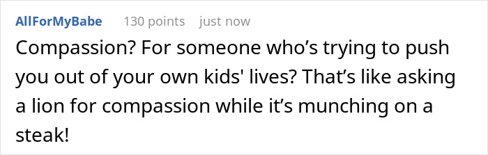 Comment criticizing sympathy towards kids' stepmom for lack of bonding.